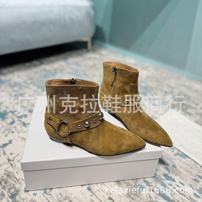 High-Definition 2025 Cow Suede Pointed Toe Flats Bottom Side Zipper Rivets Western Cowboy Boots Boots Single Boots - Image 4